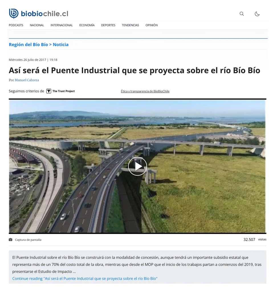 Captura del artículo en BioBioChile mostrando el proyecto del Puente Industrial
