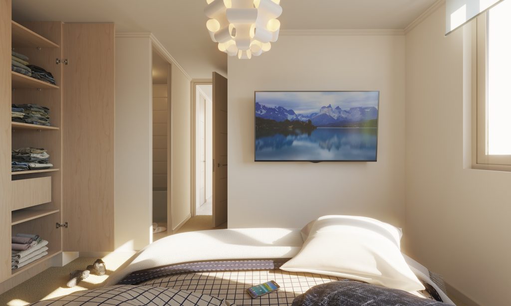 Render 3D interior dormitorio de proyecto agustina